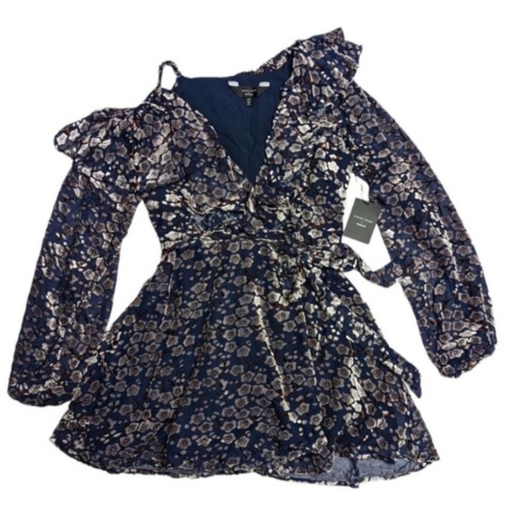 NWT Chrissy Teigen X Revolve Mini Dress Navy Katsuya Velvet Wrap Floral Ruffle S - Picture 3 of 8